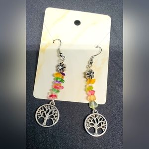 Chakra Mixed Beads with Tree of Life Charm Dangle Earrings